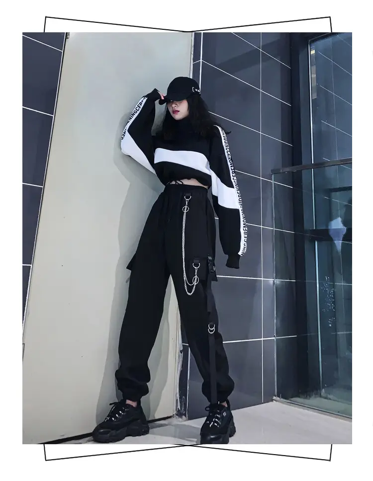 Women Dark High Waist Loose Slim Pants Set Black White — feature 6
