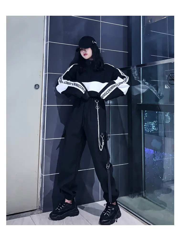 Women Dark High Waist Loose Slim Pants Set Black White — feature 7