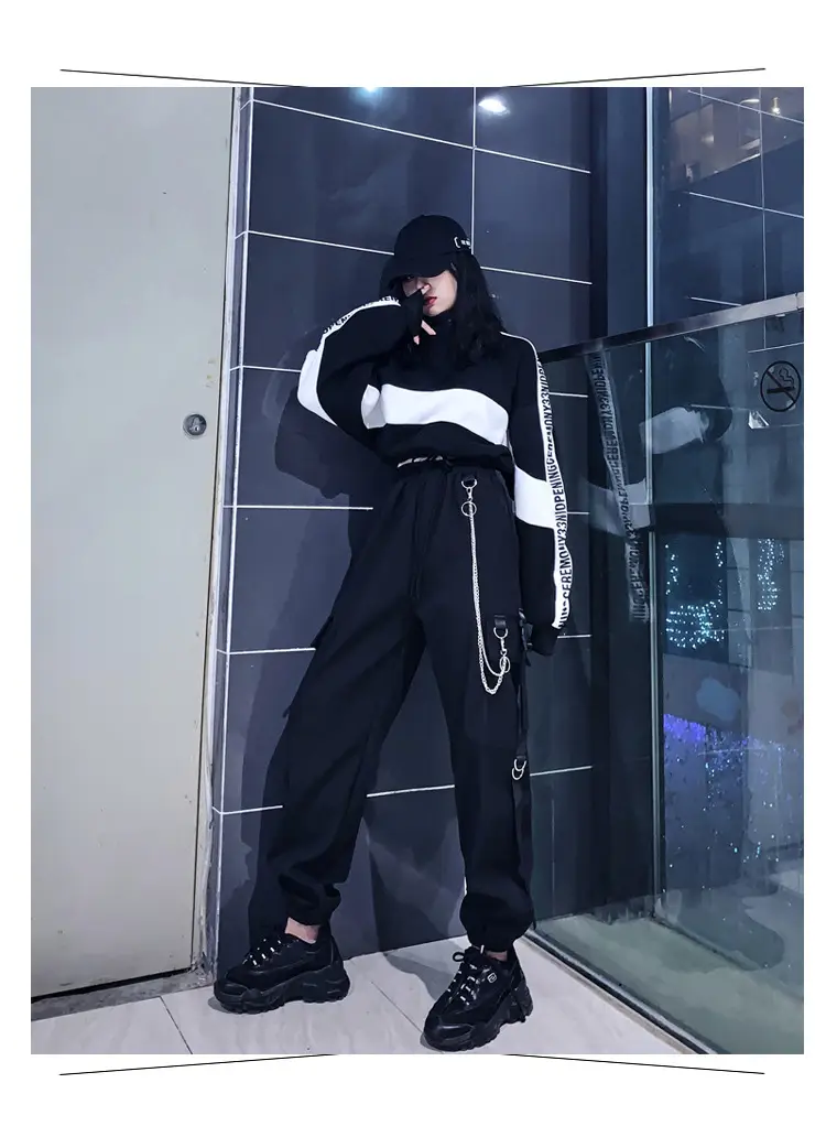 Women Dark High Waist Loose Slim Pants Set Black White — feature 8