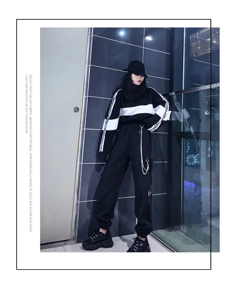 Women Dark High Waist Loose Slim Pants Set Black White — feature 9