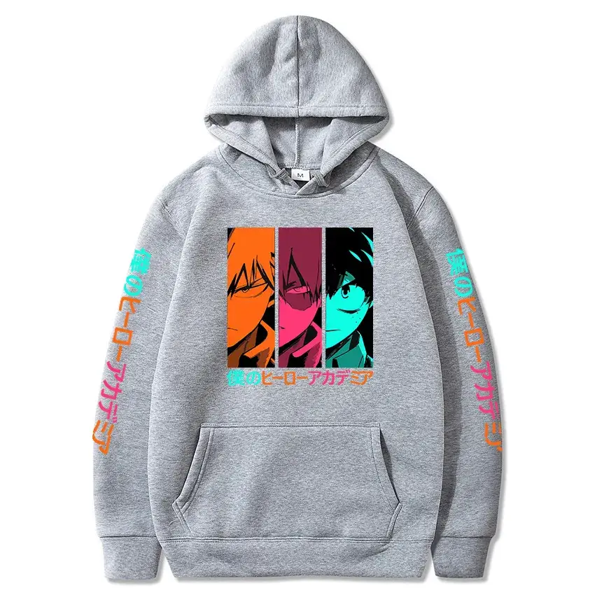 Men Hooded Sweatshirt My Hero Academia Cartoon Print Grey - Image 10