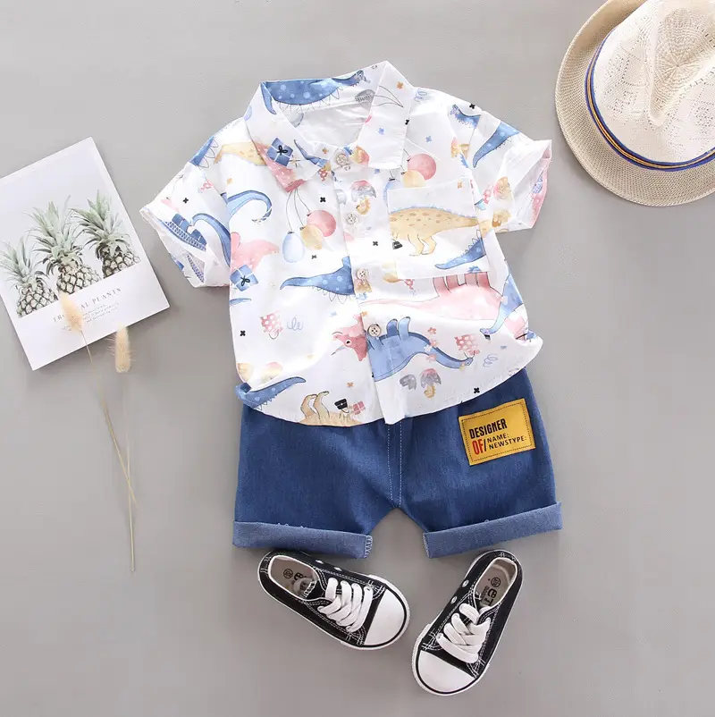 Baby Boy Cartoon Print Lapel Shirt Shorts Set Blue - Image 7