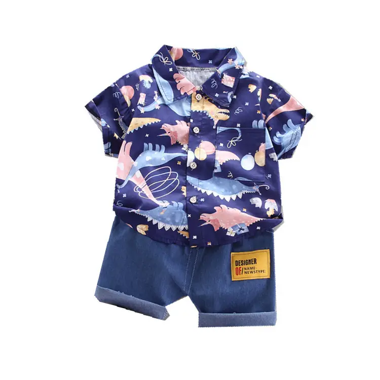 Baby Boy Cartoon Print Lapel Shirt Shorts Set Blue - Image 8