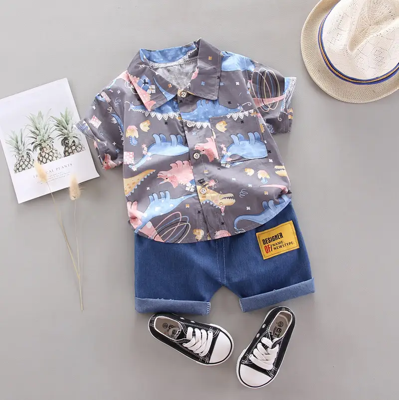Baby Boy Cartoon Print Lapel Shirt Shorts Set Blue - Image 2