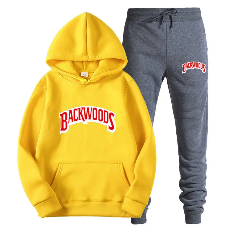 Men Backwoods Hoodie Pants Set Grey 2020 Winter - Image 12