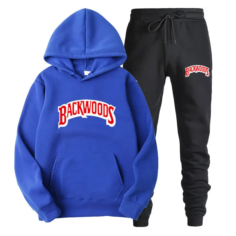 Men Backwoods Hoodie Pants Set Grey 2020 Winter - Image 7