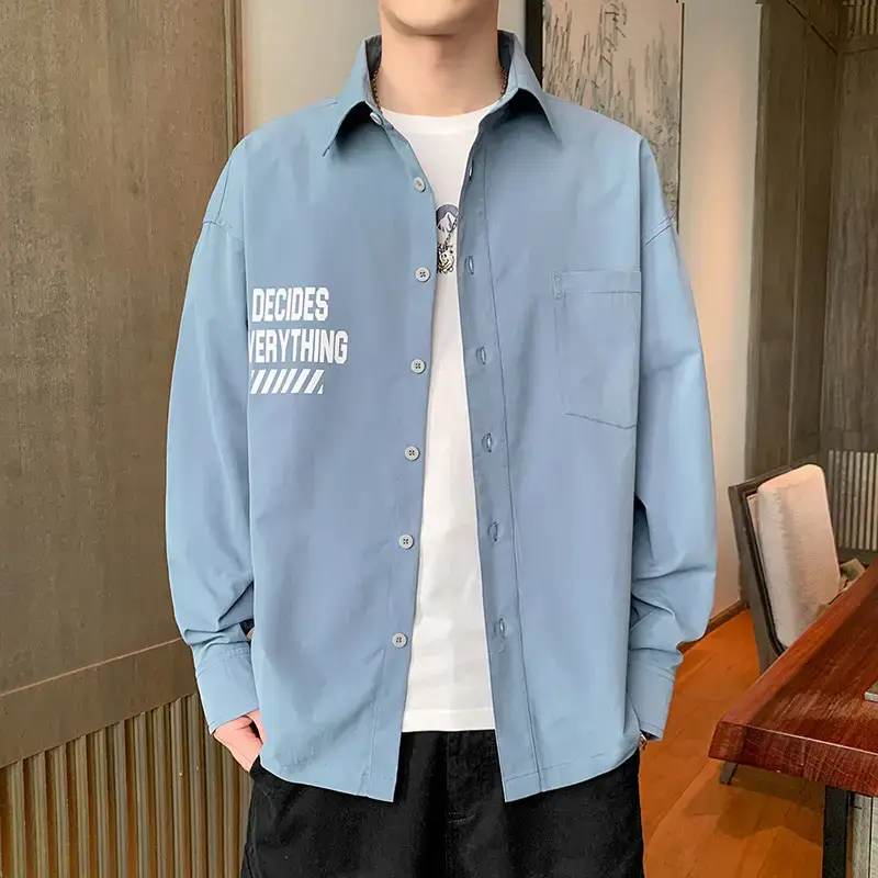 Men Long Sleeve Casual Shirt Light Green Loose Fit Japanese Style - Image 6