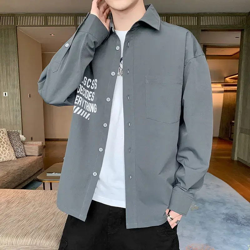 Men Long Sleeve Casual Shirt Light Green Loose Fit Japanese Style - Image 8
