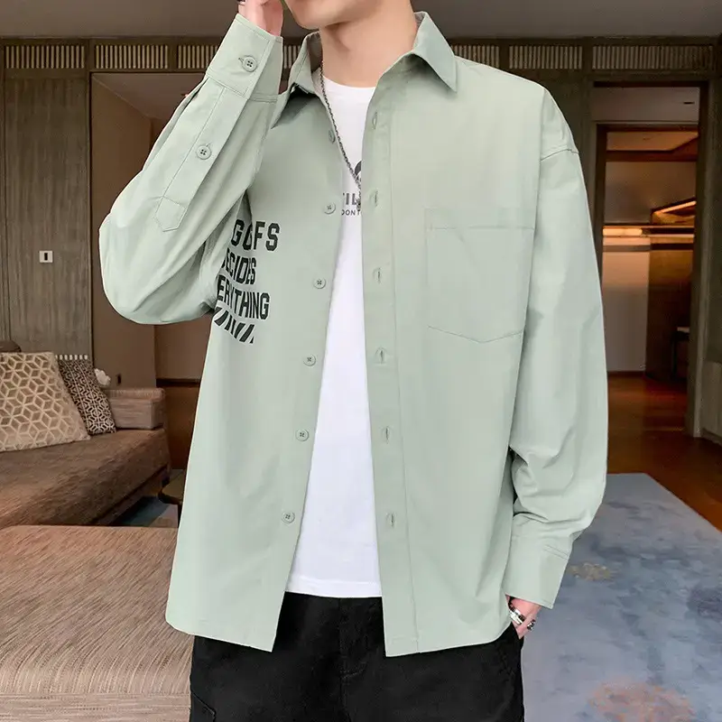 Men Long Sleeve Casual Shirt Light Green Loose Fit Japanese Style - Image 4