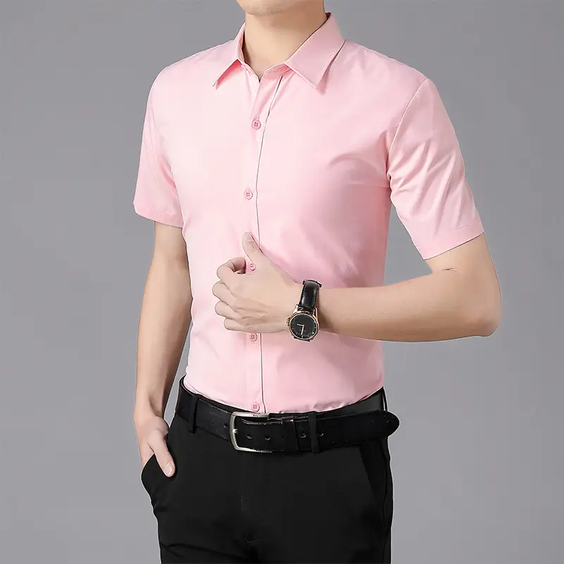 Men Red Short Sleeve Button Down Shirt Slim Fit - Image 11
