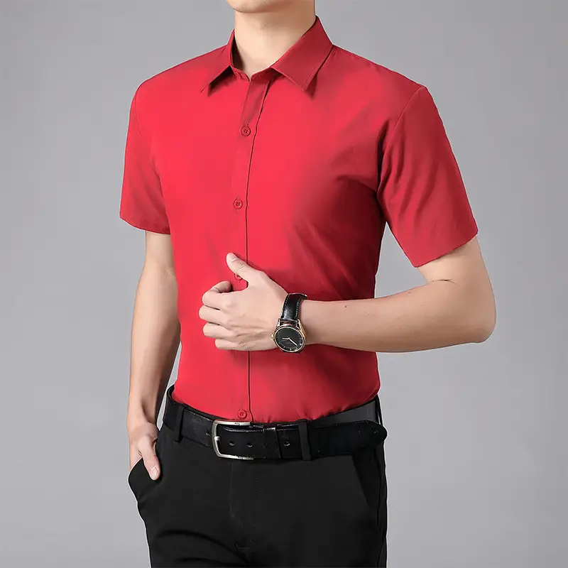 Men Red Short Sleeve Button Down Shirt Slim Fit - Image 15