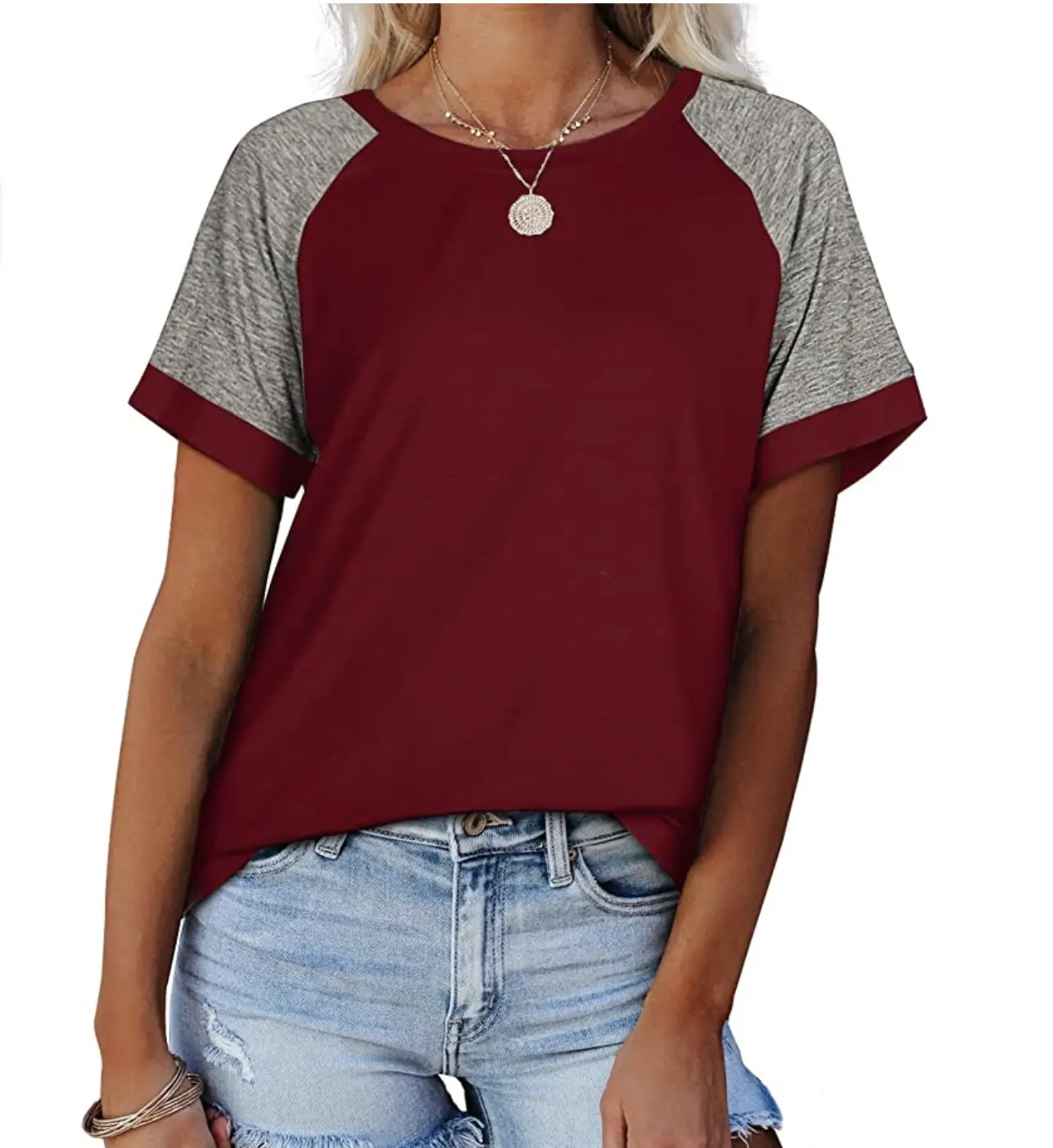 Women Maroon Short Sleeve T-Shirt Large Casual Summer Top