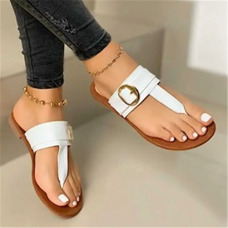 White European Summer Flip-Flops with Metal Buckle