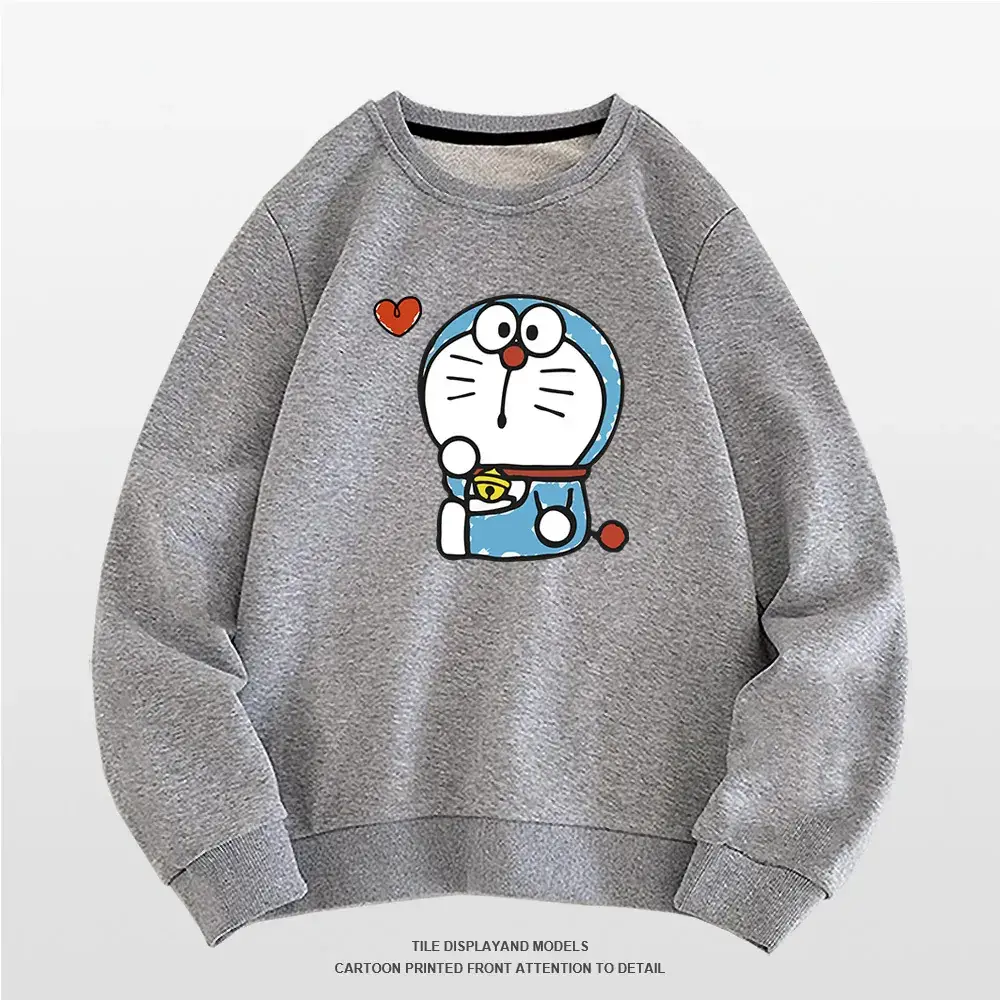 Doraemon Graphic Sweatshirt Grey Round Neck for Men Women