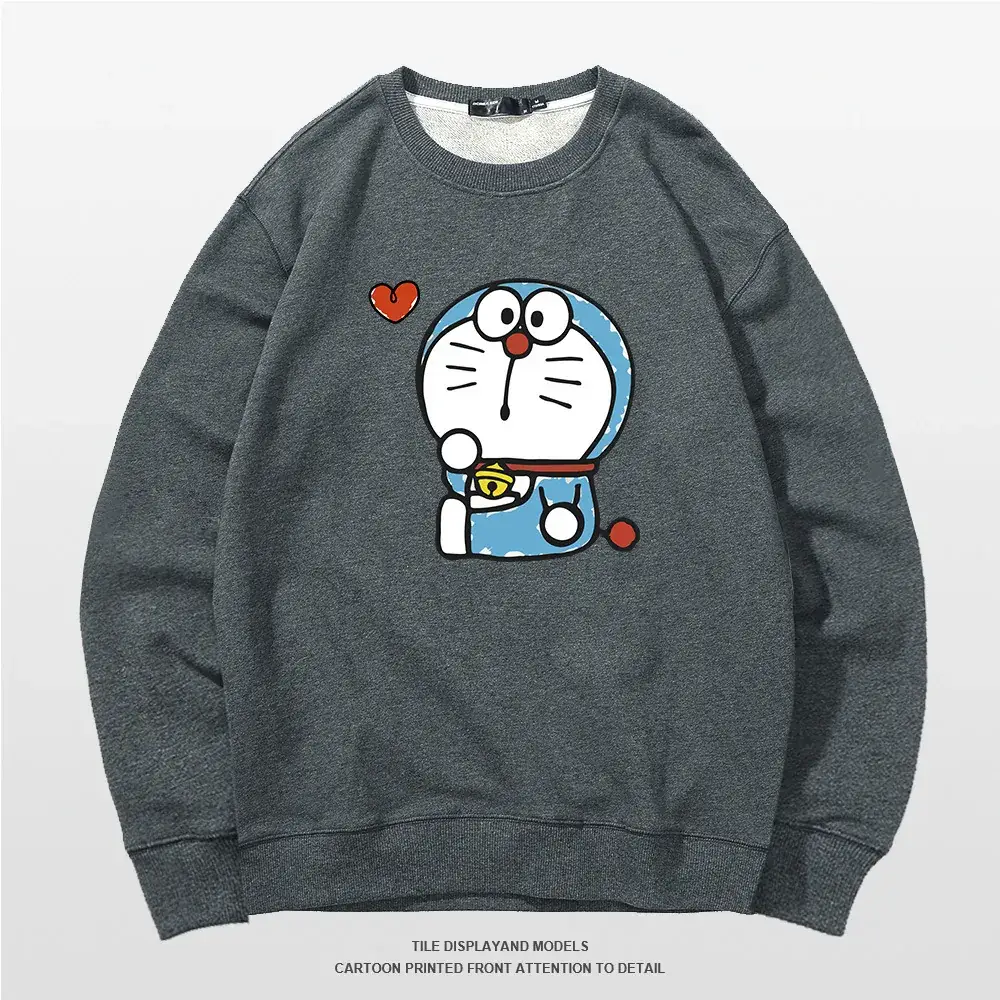 Doraemon Graphic Sweatshirt Grey Round Neck for Men Women