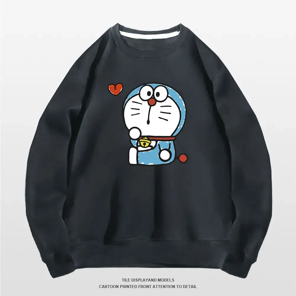 Doraemon Graphic Sweatshirt Grey Round Neck for Men Women