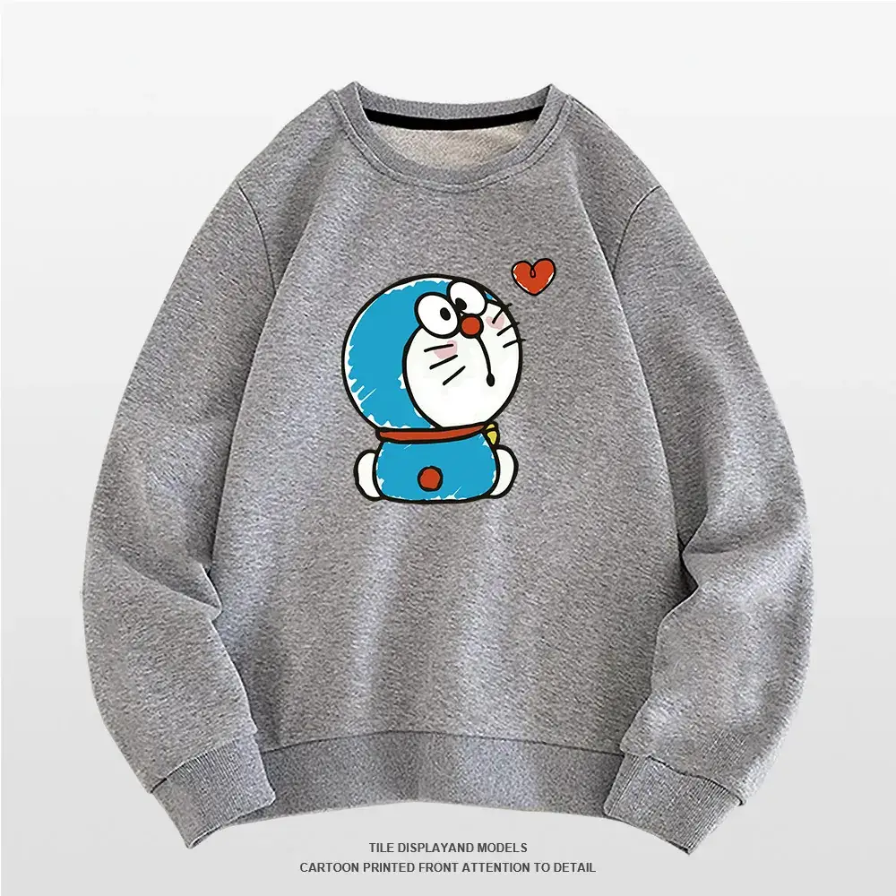 Doraemon Graphic Sweatshirt Grey Round Neck for Men Women