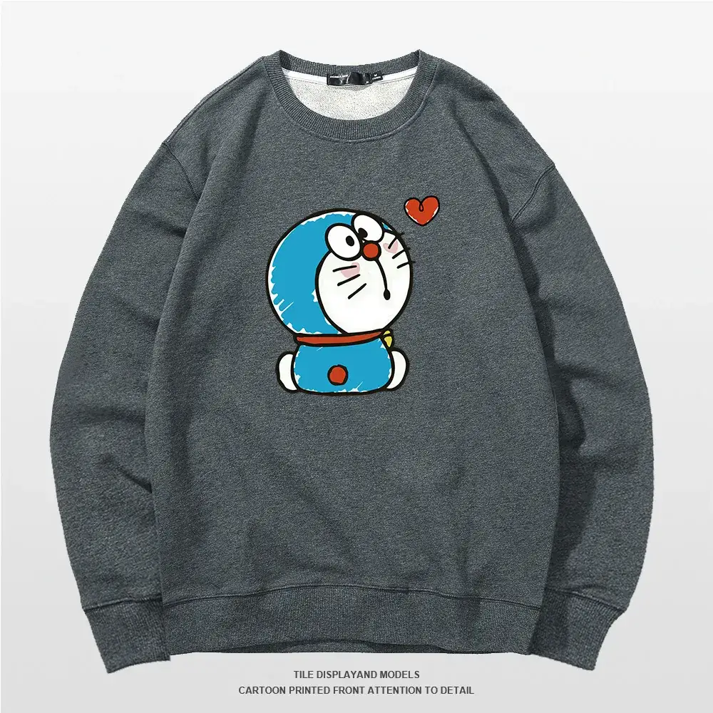Doraemon Graphic Sweatshirt Grey Round Neck for Men Women
