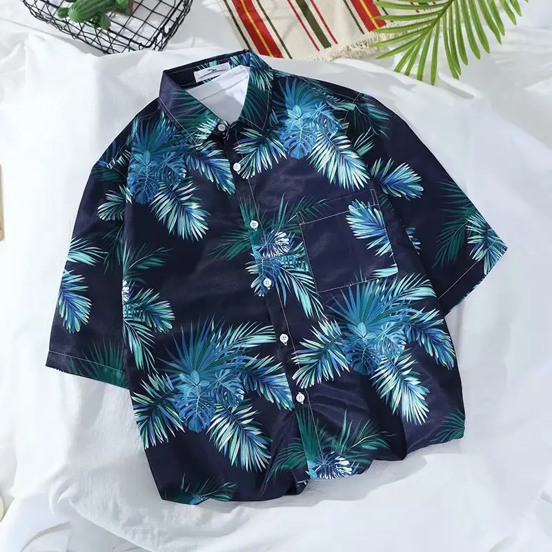 Men's Blue Hawaiian Floral Short Sleeve Shirt - Image 26
