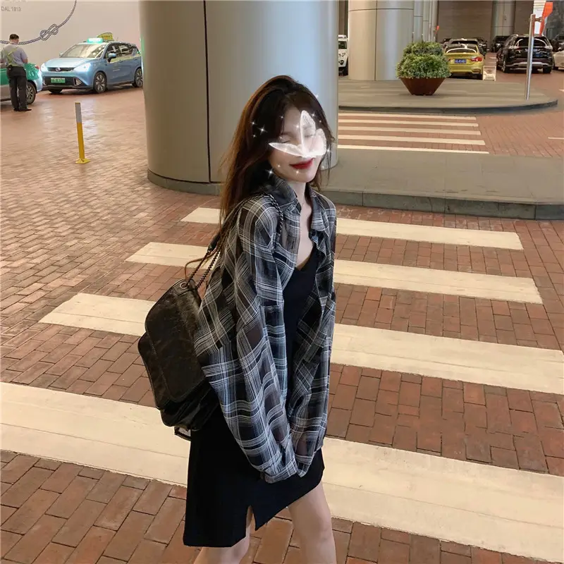 2025 Summer Korean Style Plaid Long Sleeve Top for Women - Image 4