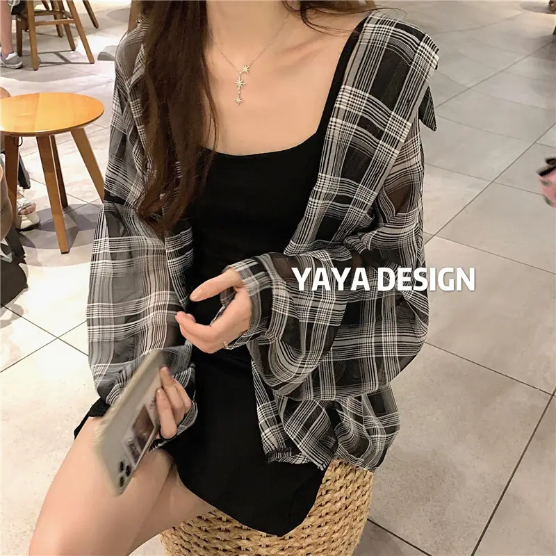 2025 Summer Korean Style Plaid Long Sleeve Top for Women — feature 8