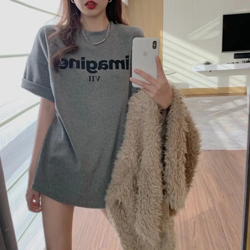 Grey New Letter T-Shirt Women Large Summer