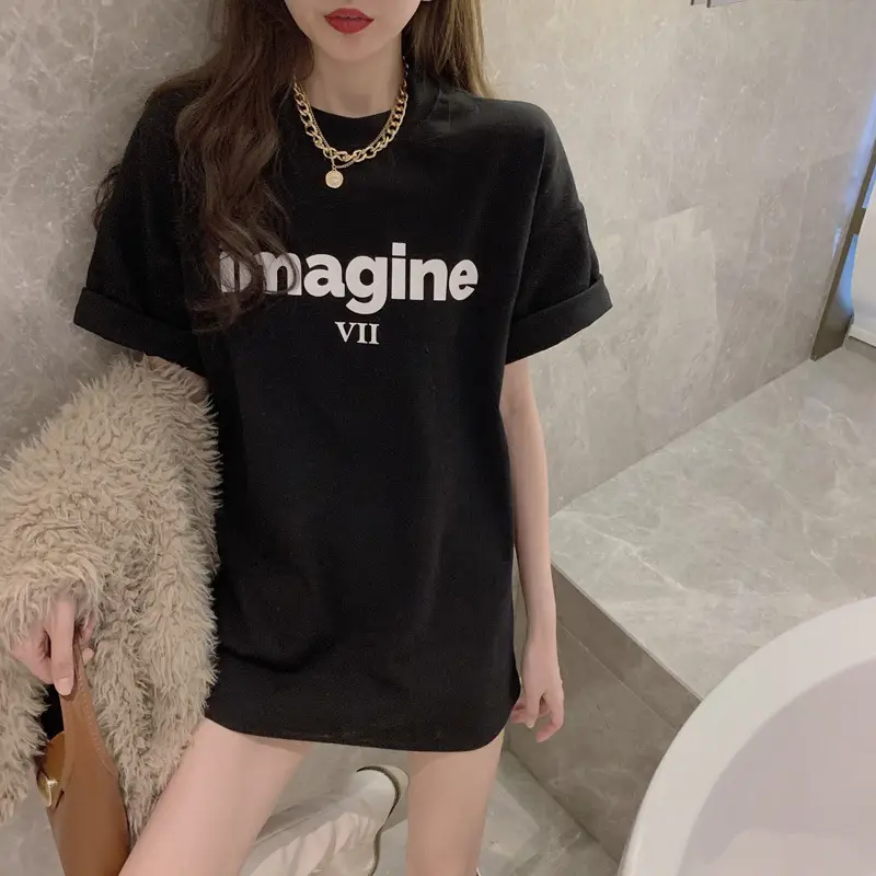Grey New Letter T-Shirt Women Large Summer
