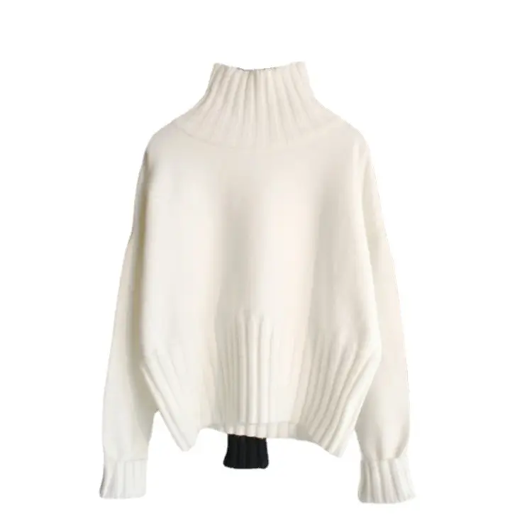 Women's White Knitted Pullover Sweater with Inner Pocket