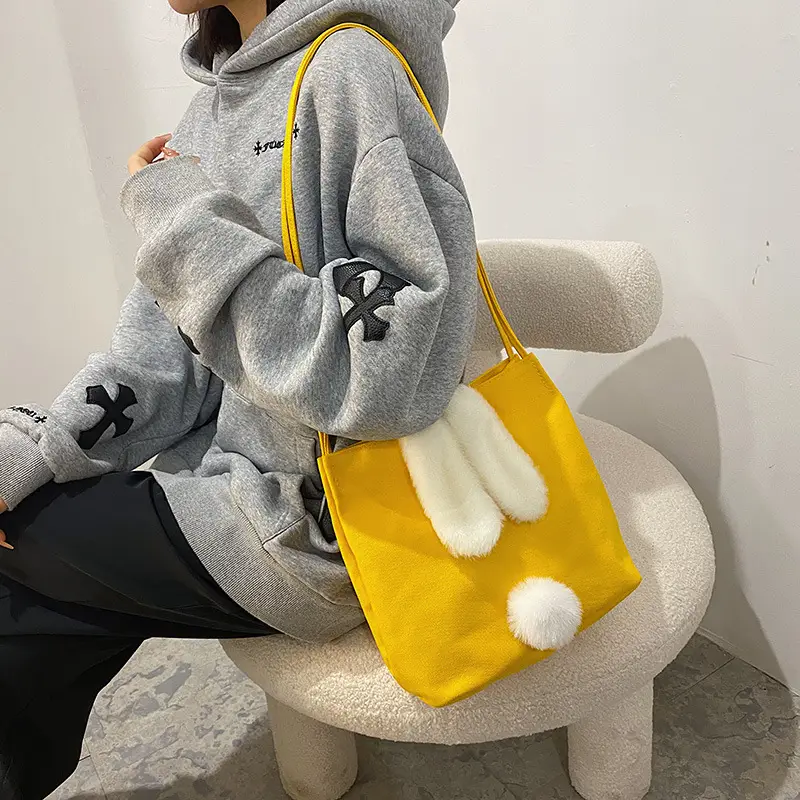 Korean Style Fur Slippers Yellow Handbag Set - Image 8