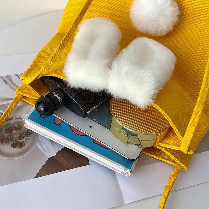 Korean Style Fur Slippers Yellow Handbag Set - Image 9