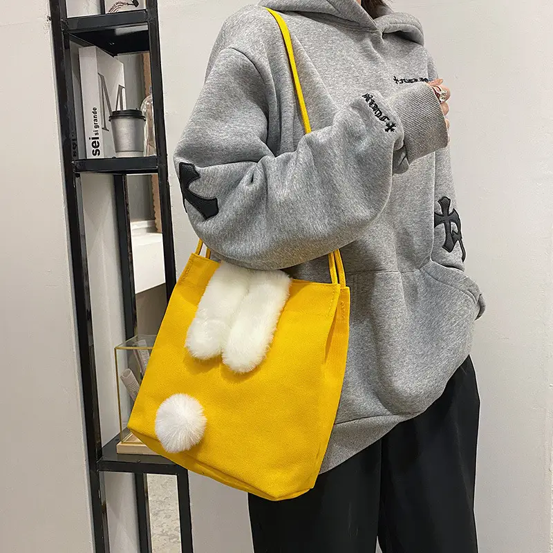 Korean Style Fur Slippers Yellow Handbag Set - Image 2