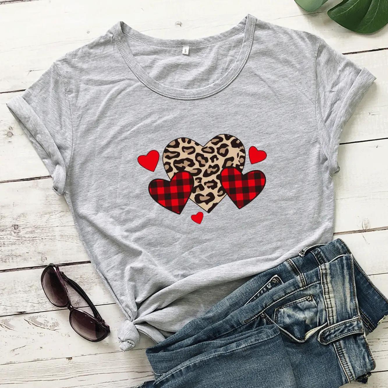 Valentine T-Shirt Grey Heart Plaid Leopard Print