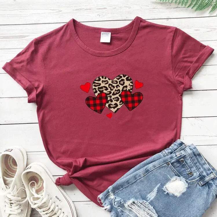 Valentine T-Shirt Grey Heart Plaid Leopard Print