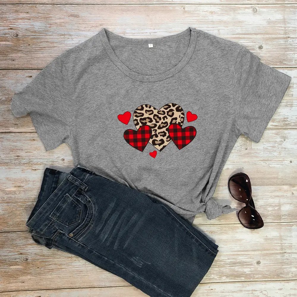 Valentine T-Shirt Grey Heart Plaid Leopard Print