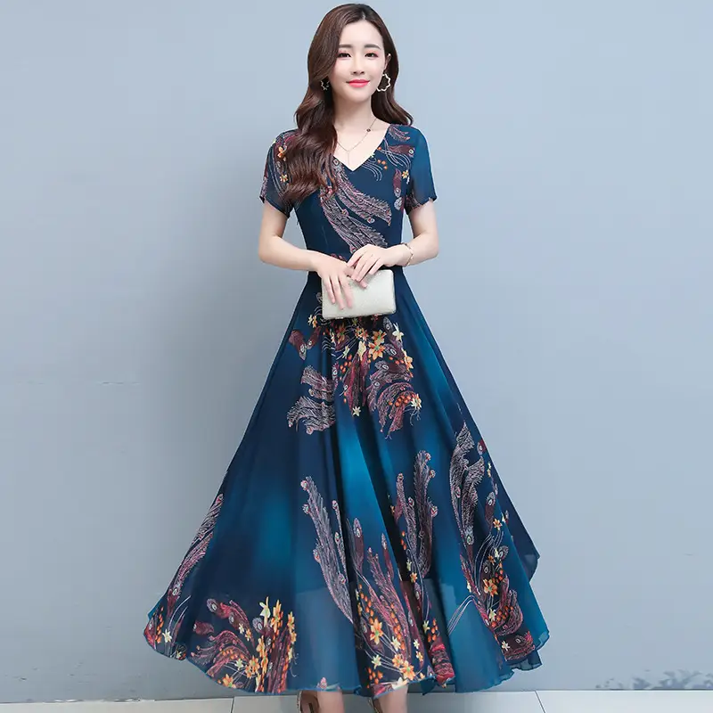 2021 Summer V-neck Printed Swing Dress Large - Image 2