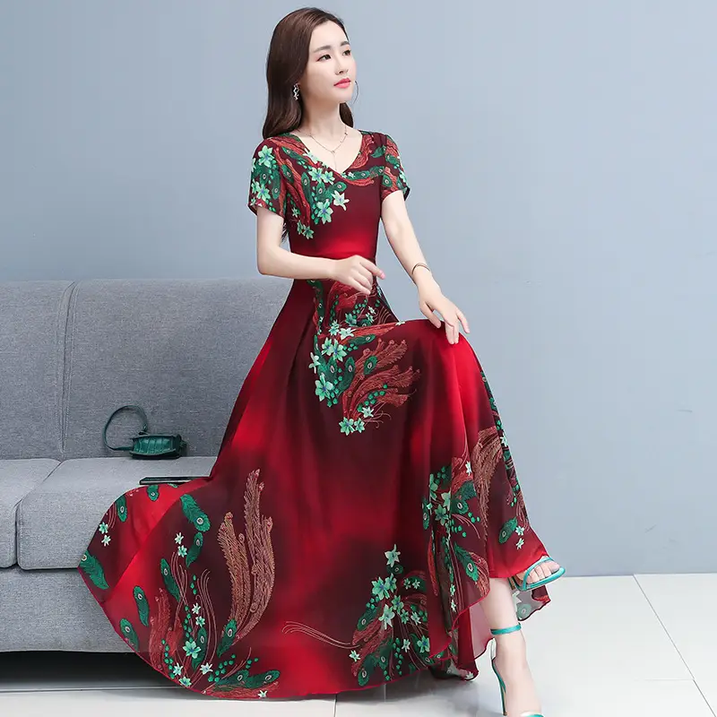 2021 Summer V-neck Printed Swing Dress Large - Image 5