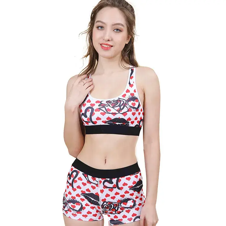 Printed Cup Sports Bra Underwear Set Red White