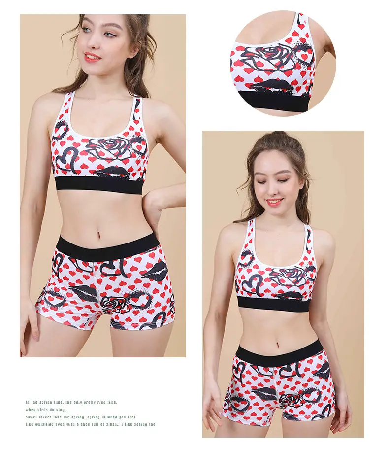 Printed Cup Sports Bra Underwear Set Red White — feature 11