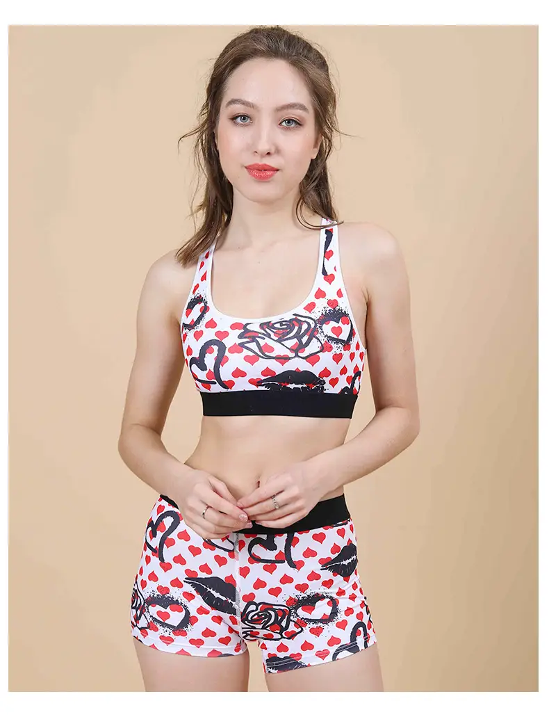 Printed Cup Sports Bra Underwear Set Red White — feature 12