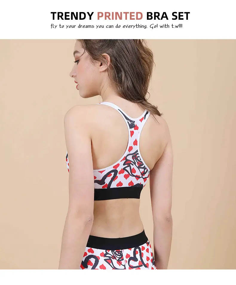 Printed Cup Sports Bra Underwear Set Red White — feature 13