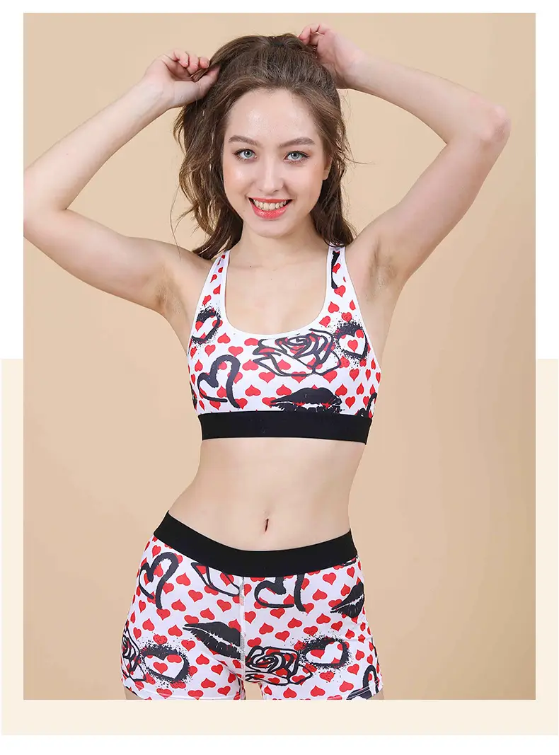 Printed Cup Sports Bra Underwear Set Red White — feature 14