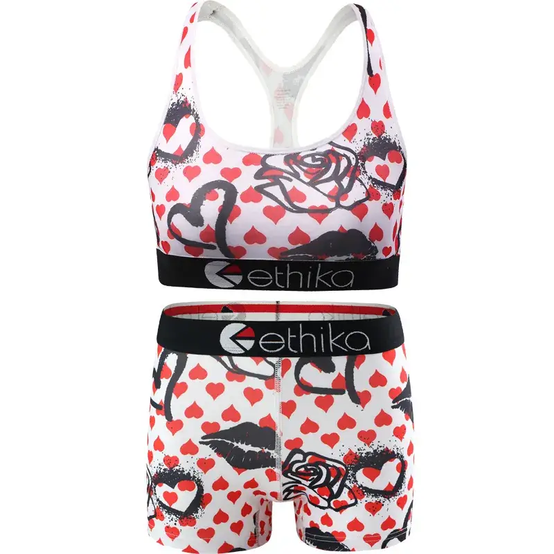 Printed Cup Sports Bra Underwear Set Red White