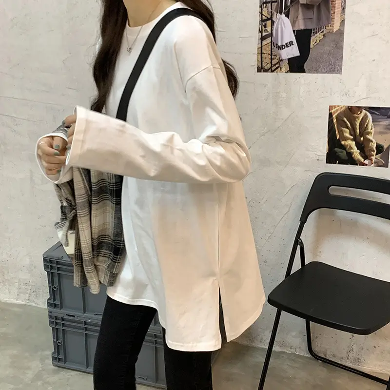 Wholesale White Cotton Long Sleeve Women's T-Shirt - Image 4