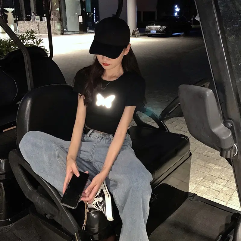 Women Reflective Butterfly Short Sleeve T-Shirt Cropped Black Base - Image 5