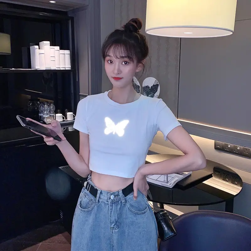 Women Reflective Butterfly Short Sleeve T-Shirt Cropped Black Base - Image 3