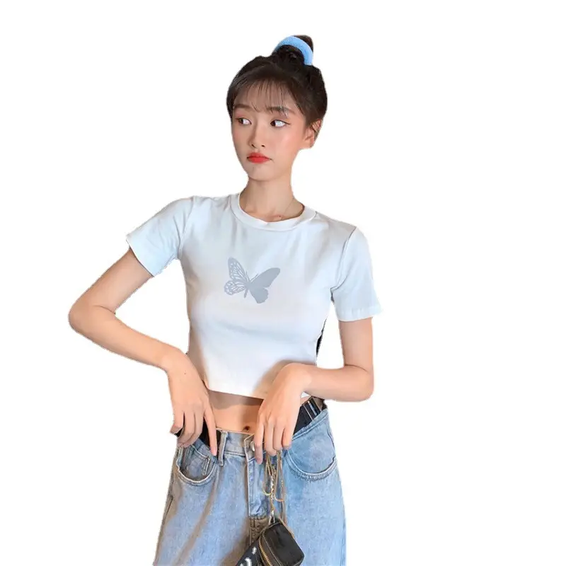 Women Reflective Butterfly Short Sleeve T-Shirt Cropped Black Base - Image 7