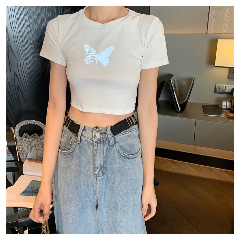 Women Reflective Butterfly Short Sleeve T-Shirt Cropped Black Base — feature 10