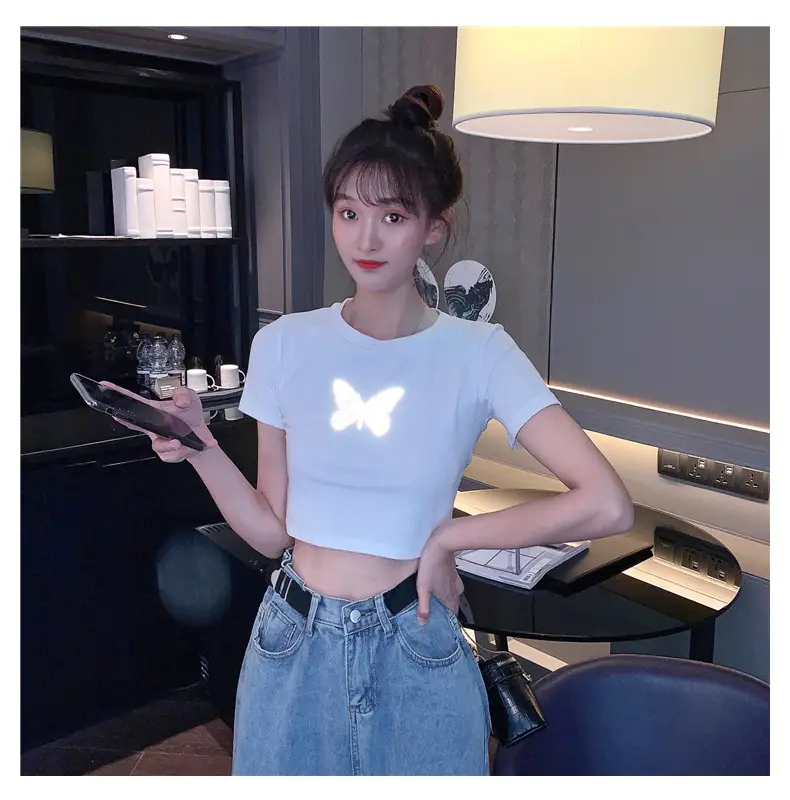 Women Reflective Butterfly Short Sleeve T-Shirt Cropped Black Base — feature 11