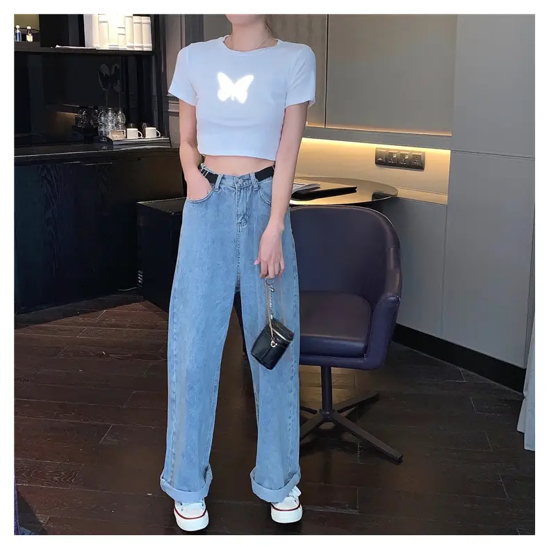 Women Reflective Butterfly Short Sleeve T-Shirt Cropped Black Base — feature 12
