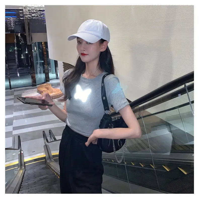 Women Reflective Butterfly Short Sleeve T-Shirt Cropped Black Base — feature 13
